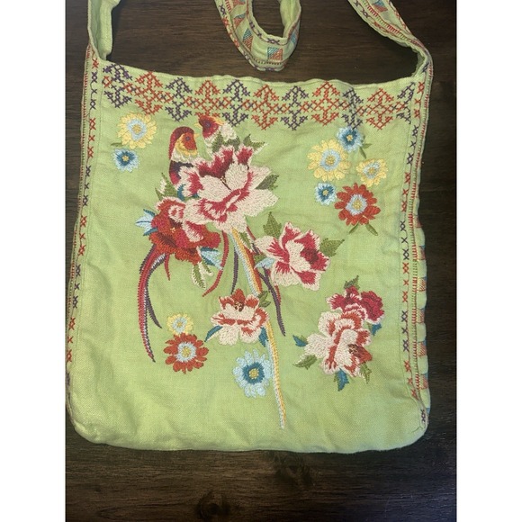 Johnny Was JWLA Green Linen Embroidered Flowers Purse Handbag Tote Bag Crossbody - Picture 2 of 11